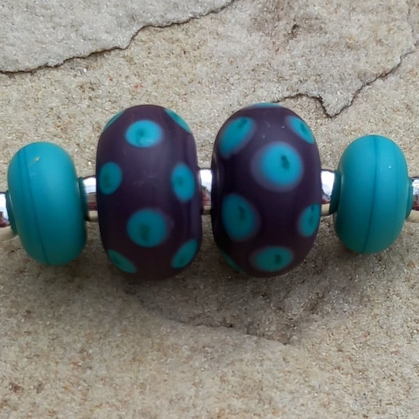 Dark Purple Teal Polka Dot Lampwork Glass Bead Pair and Spacers Etched Sea Glass Style