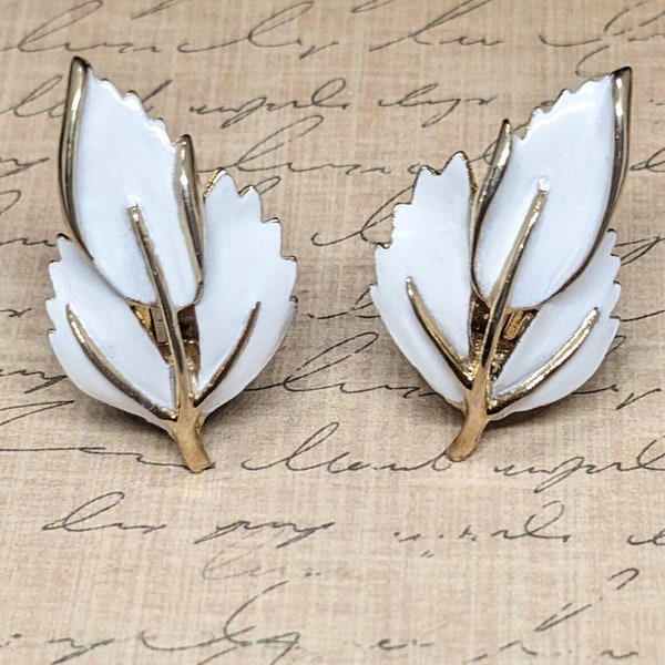 Vintage White Enamel Leaf Clip on Earrings