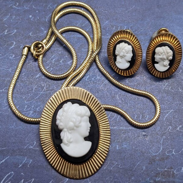 Vintage Van Dell Cameo Brooch Pendant Necklace and Earring Set, Gold Filled Necklace and Screw Back Earrings