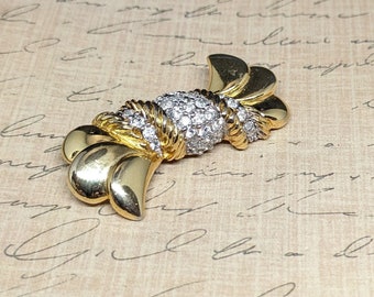Vintage Twisted Gold Tone Bow Brooch with Rhinestones