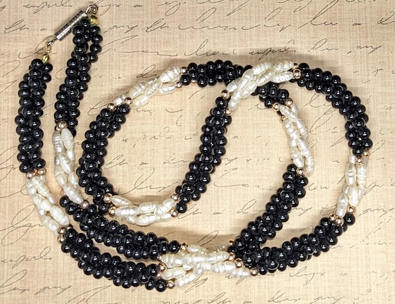 Vintage Black and White Three Strand Twisted Faux… - image 1