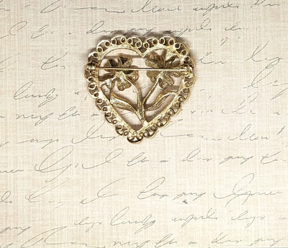 Vintage Avon Antiqued Heart Gold Tone Floral Broo… - image 5