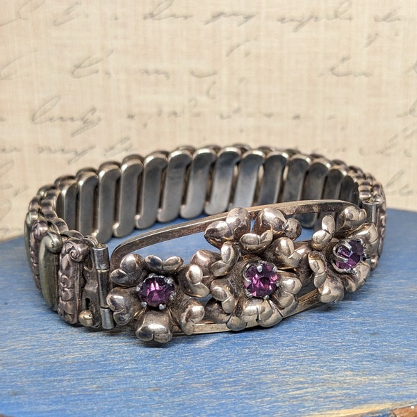 Vintage Lustern Gold Filled on Sterling Silver Base with Amethyst Colored Sweetheart Expansion Bracelet, Purple Floral Design