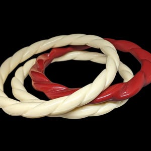 Stack of 3 Vintage Acrylic Twisted Bangle Bracelets Cream, Dark Red