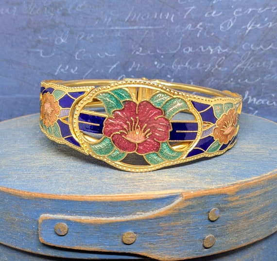 Vintage 1970s Cloisonne Style Floral Clamper Brac… - image 1