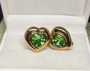 Vintage Heart Clip on Earrings with Large Green Rhinestone Center Gold Tone