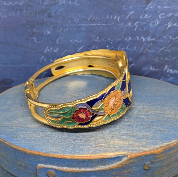 Vintage 1970s Cloisonne Style Floral Clamper Brac… - image 3