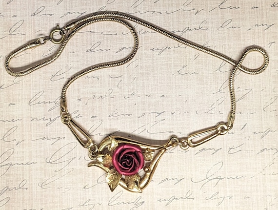 Vintage Gold Tone and Red Rose Pendant Necklace 1… - image 2