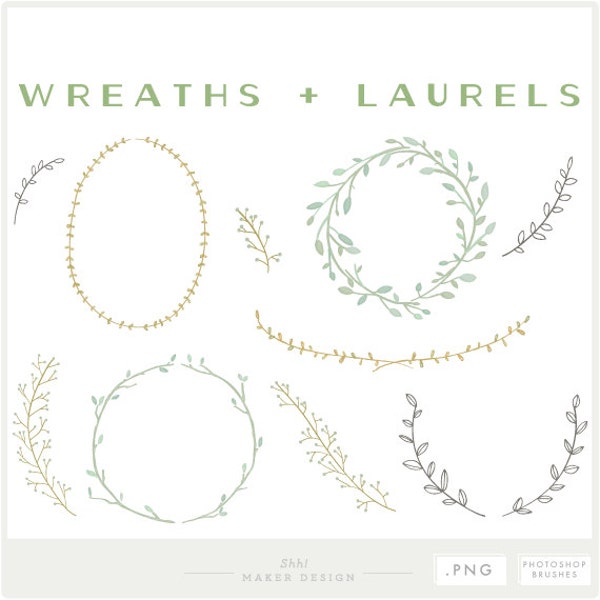 Wreaths & Laurels - PNG Files - Photoshop Brushes - Watercolor Clip Art - Digital Graphic Set - Photo Overlays