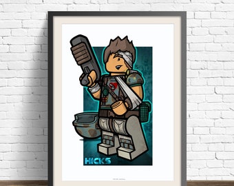 Lego Aliens - Hicks Art Print Comic Geek Gift, Minifigures Illustration, Wall Art