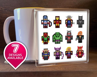 4 x Avengers Coaster Pixel Hero, Spider-man Coffee Mug, Marvel Fan Tea Cup, Ironman , Hulk, Thor Present, Gifts for Him, Girl Geek