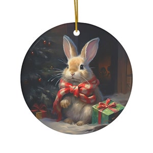 Schattig konijntje bij kerstboom keramische ornament kerstcadeau