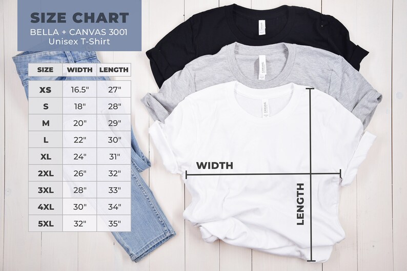 May include: Size chart for Bella + Canvas 3001 unisex t-shirts. The chart shows the width and length measurements in inches for sizes XS to 5XL.