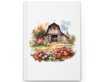 Könnte beinhalten: Ein Aquarellbild einer rustikalen Holzscheune mit rotem Dach und einer einzigen Tür. Die Scheune ist von einem Feld mit roten und weißen Blumen umgeben.