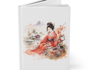 May include: A watercolor painting of a woman in a red kimono sitting on a rock by a lake. The background features a mountain range, a small pagoda, and a cherry blossom tree.