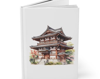 May include: A watercolor illustration of a traditional Japanese temple with a wooden structure and a tiled roof. The temple is surrounded by greenery and a small garden.