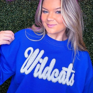 May include: A royal blue sweatshirt with a silver glitter 'Wildcats' graphic. The sweatshirt is worn by a person standing in front of a green wall with a pink neon sign that reads 'South Carolina'.