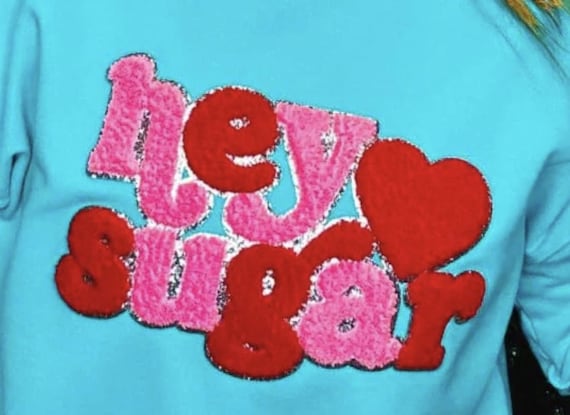 Valentine Hey Sugar with Heart Chenille Heat Applied Patch