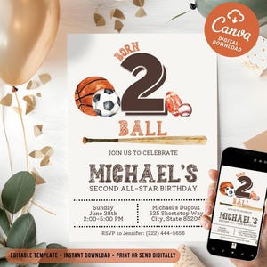 faire-part boule né 2 | 2e anniversaire modifiable | Soirée à thème sportive | Modèle de toile | Toutes les étoiles imprimables | Organisons un bal sur invitation