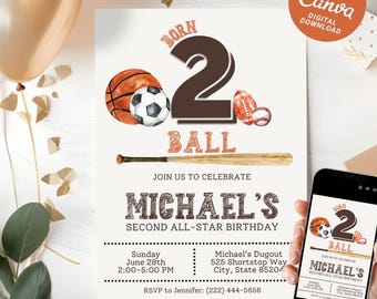 Redigerbar inbjudan till sport 2-årsdag, All Star Ball Party Canva-mall, digital nedladdning