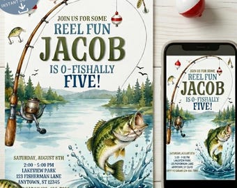 Inbjudan till fiskefödelsedag, O-Fish-Ally Five-inbjudan, Reel Fun-fest med abborrfiske, redigerbar Canvas-mall