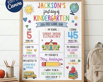 First Day of School Milestone Poster Template, Editable Any Age Any Year Doodle Sign (Canva Template)