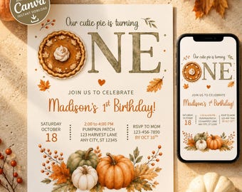 Little Cutie Pie First Birthday Invitation, Pumpkin Pie 1st Birthday Invite, Fall Girls Birthday Canva Template