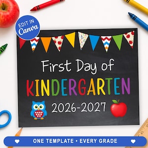 Editable First Day of School Sign Template, Owl Chalkboard School Photo Prop, Any Grade Any Year, Canva Editable, Instant Download