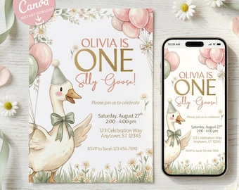 Silly Goose First Birthday Invitation, Editable Canva Template (Digital Download)