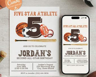 Sports Birthday Invitation, Five Star Athlete Party, Editable Canva Template (Digital Download)