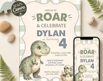 Dinosaur Birthday Invitation, Roar Birthday Invite, Editable Dino Party Invitation, Boys Birthday Canva Template