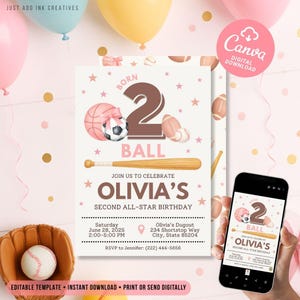 Puede incluir: Una invitación de cumpleaños digital con temática deportiva. El diseño presenta una pelota de baloncesto, un balón de fútbol y un balón de fútbol americano, junto con un bate de béisbol. La invitación dice "Born 2 Ball" e incluye detalles del evento y el texto "Olivia's Second All-Star Birthday."