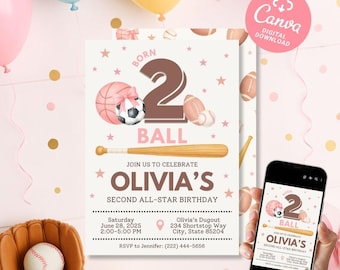 Inbjudan till sport för flickas 2-årsdag: Rosa tema, redigerbar Canva-mall (digital nedladdning)
