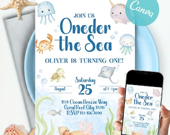 Inbjudan till Oneder the Sea-födelsedag, akvarelldjur, nautiska barninbjudan (digital nedladdning)