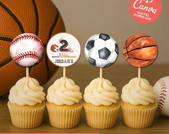 Sportfödelsedagsmuffinsdekorationer: Born 2 Ball-tema (redigerbar mall, digital nedladdning)