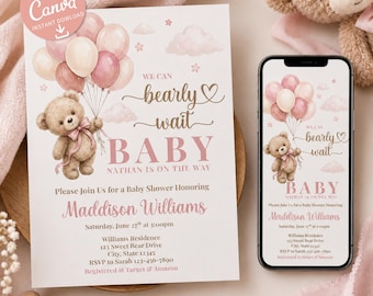Inbjudan till babyshower med rosa nallebjörn, akvarell flickainbjudan (digital nedladdning)