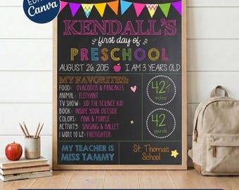 First Day of School Sign, Pastel Chalkboard Photo Prop, Editable Back to School Poster, School Milestone Printable