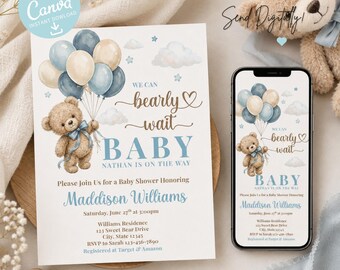 Mall för inbjudan till babyshower med nallebjörn, inbjudan till babyshower med blå nallebjörn, redigerbar Canva-mall för babyshower för pojke