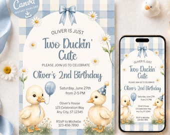 Two Duckin Cute Birthday Invitation, 2nd Birthday Invite, Editable Duck Party Invitation, Canva Template