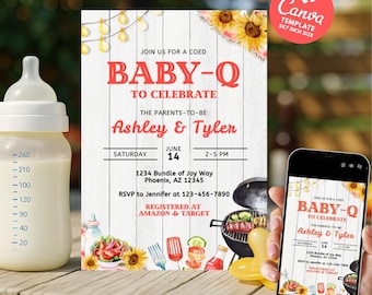 Baby-Q Babyshower-inbjudan: BBQ-tema, redigerbar Canvas-mall (digital nedladdning)