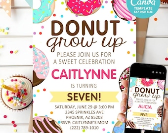Editable Donut Grow Up Birthday Invitation: Sprinkle Theme (Canva Template, Digital Download)