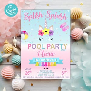 Unicorn Pool Party Invitation: Splish Splash, Editable Canva Template (Digital Download)