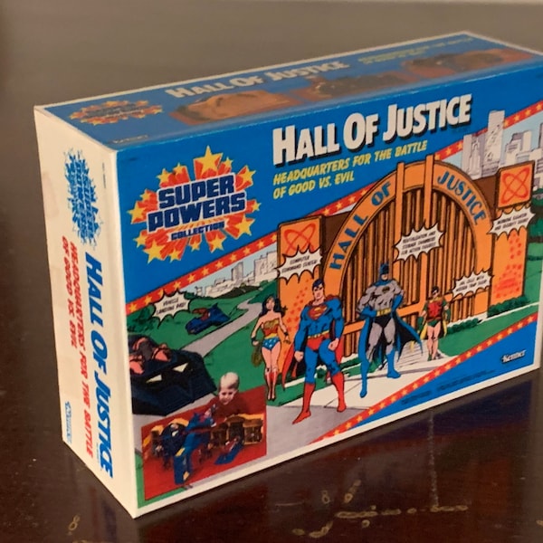 Vintage Original Kenner Super Powers HALL OF JUSTICE play set Miniature Toy Box Christmas Ornament / Refrigerator Fridge Magnet