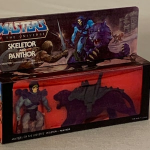 Vintage Original Mattel MOTU Masters of the Universe Skeletor and Panthor Miniature Toy Box Christmas Ornament / Refrigerator Magnet