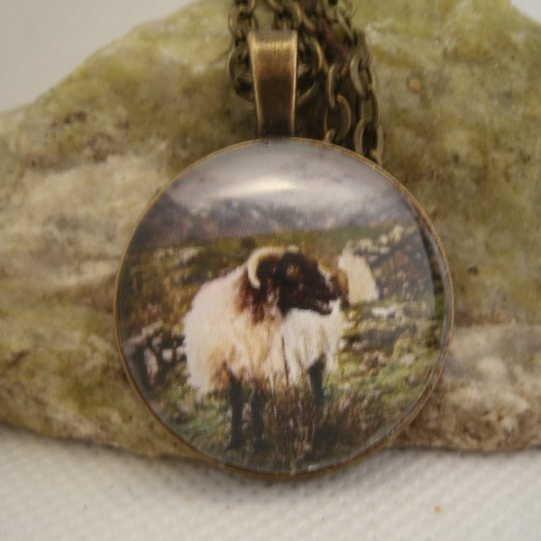 Connemara Black Face Mountain Sheep Collier Broche Bronze Argent Irlandais Bijoux faits à la main.