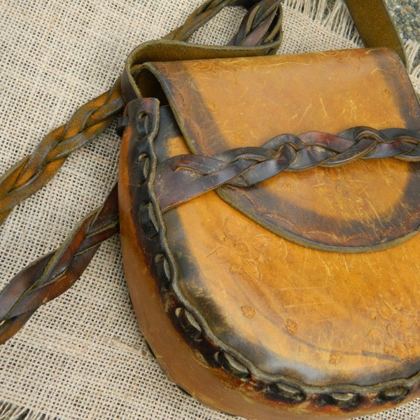 Vintage Hand Tooled Leather Handbag with Braided Strap and Front Closure Holder Hand Stitched / Distressed Leather Shoulder Bag Purse