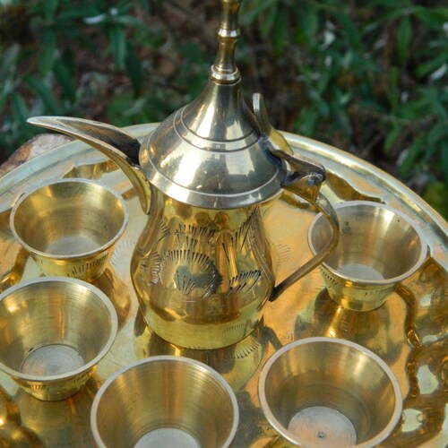 Vintage Turkish Coffee Tea Set / Brass Surahi Hand Etched / children's miniature tea set 8 pieces