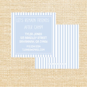 Tarjeta de presentación para campamento / Tarjeta adjunta / Editable / Campamento de verano / Descarga instantánea / Imprimible / Personalizada / Tarjeta de presentación para niños / Raya azul