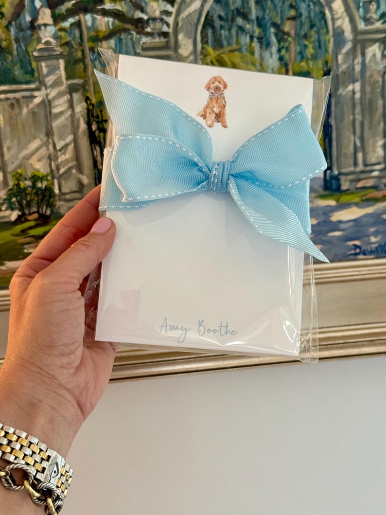 Peut inclure: Un paquet de cartes blanches avec un n&oelig;ud bleu clair et une petite illustration d'un chien. Les cartes sont envelopp&eacute;es dans du cellophane transparent. Le nom "Amy Boothe" est imprim&eacute; en bas des cartes.