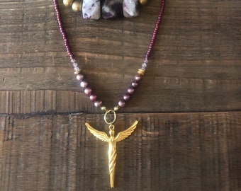 Archangel Camille Necklace Trio  / Fresh Water Pearl Necklace / Spiritual Jewelry /Seed Bead Necklace/ Tourmaline/ Chalcedony